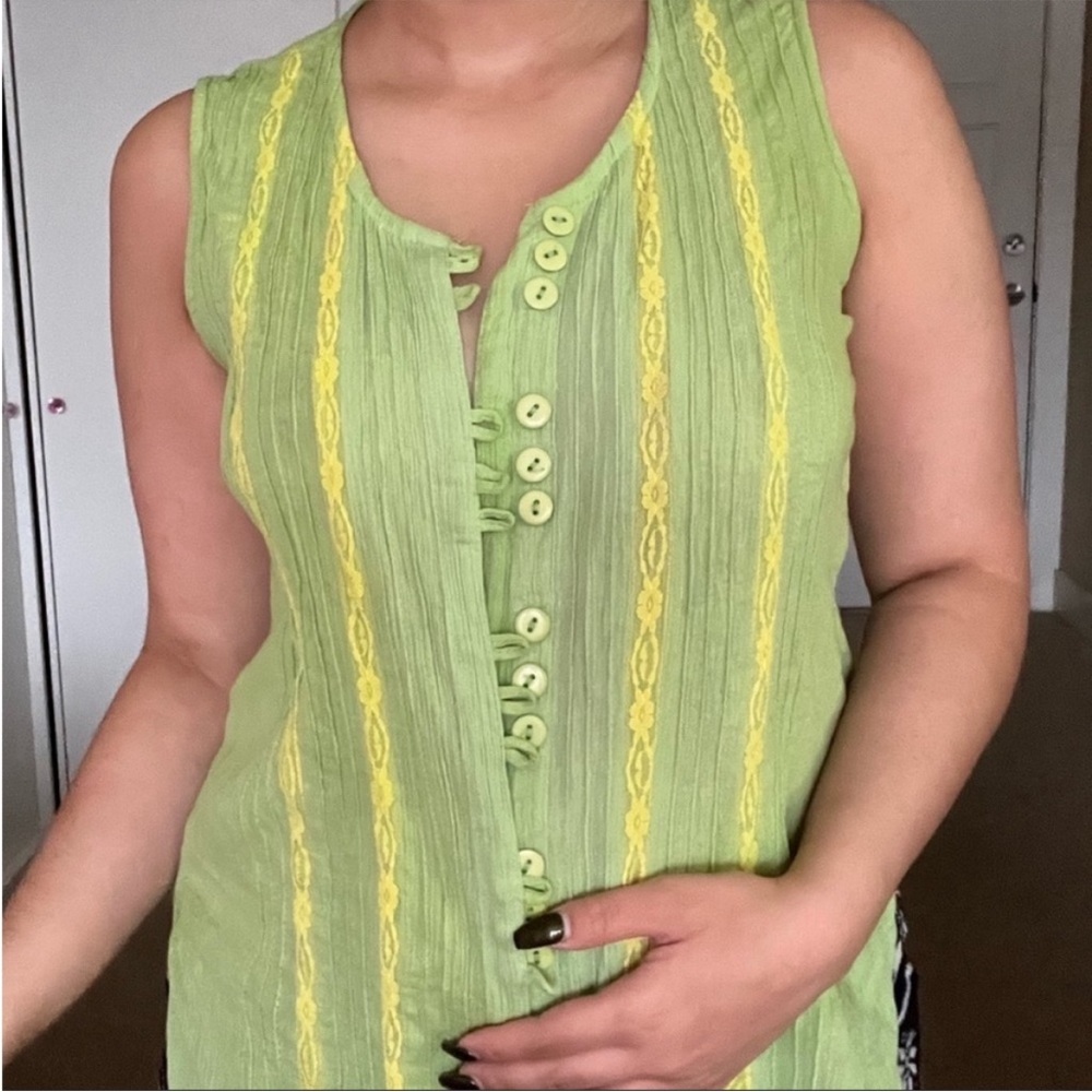 Green and yellow sleeveless blouse top